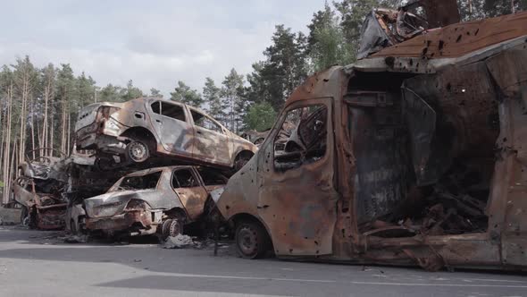 War in Ukraine a Dump of Burned Cars in Irpin Bucha District