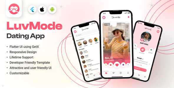 LuvMode Dating App - Tinder Clone Flutter Mobile App Template - Find a match (Android/iOS UI Kit)
