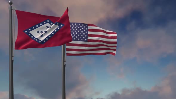 Arkansas State Flag Waving Along With The National Flag Of The USA - 2K