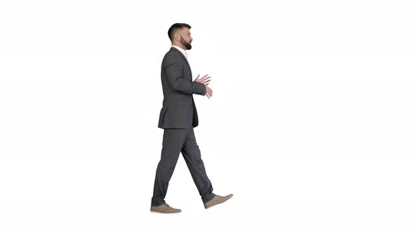 Bearded Businessman Walking and Explaining Something on White Background