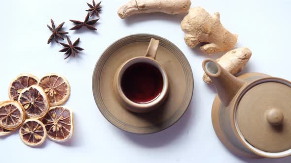 Top View of Herbal Tea and Ingredient on Table