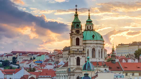 Sunset Behind St Nicolas Timelapse in Mala Strana in Prague