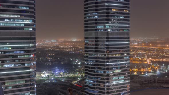 Office Buildings in Jumeirah Lake Towers District Night Timelapse in Dubai