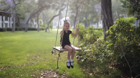 Little Child Girl Have Fun Swaying on Swing in Nature Forest Park