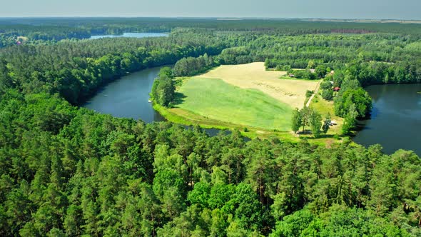 River turning back among forests in forest, Zalew Koronowski