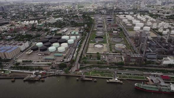 Aerial View of oil refinery or petroleum refinery industrial processing plant and petroleum products