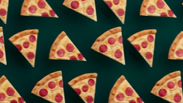 Seamless looping animation of pizza slices. Delicious fast food snacks in rows.