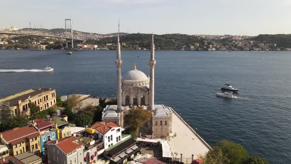 Aerial View of Ortakoy Mosque and Istanbul Bosphorus Bridge Landscape