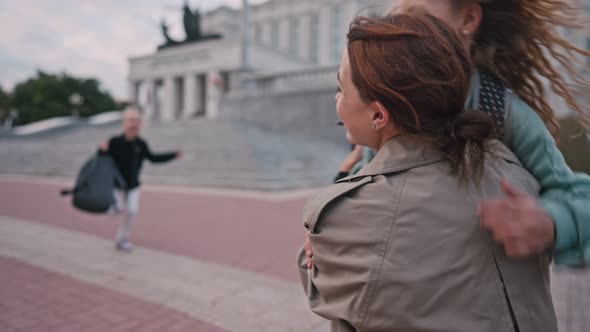 Mother Hug and Kiss Cute School Girl After School Love and Education Concept