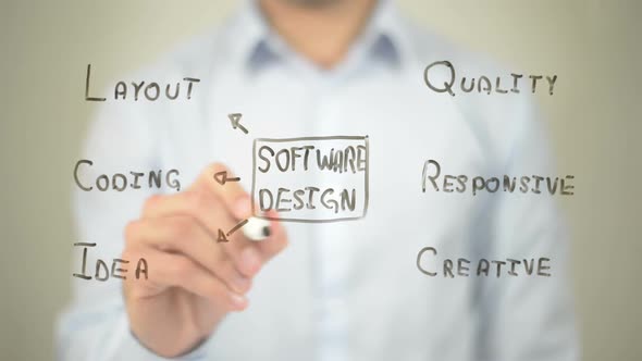 Software Design, Businessman Writing on Transparent Screen