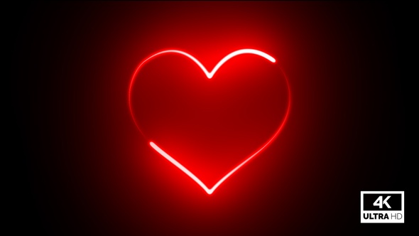 Red Neon Lights Heart And Flickering Glow Background 4K Footage V3