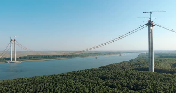 Cranes On The Main Tower Of The Braila Bridge Over Danube River - Romania