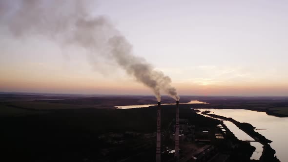 Industrial factory in nature in the evening.