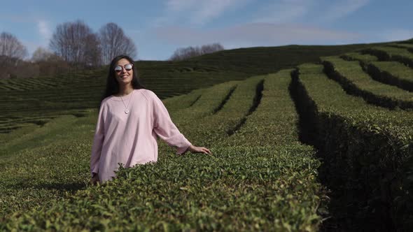 a Young Woman Is Among the Tea Plantations, She Touches Foliage