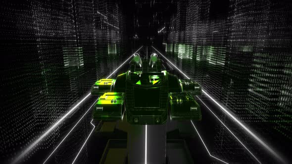 Green Tank Vehicle With Two Cannons Moves Towards Screen In Digital World alt