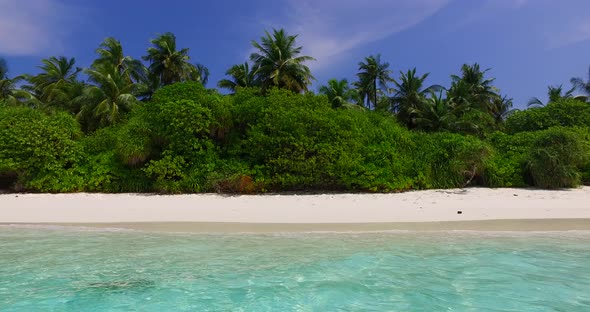 Daytime aerial clean view of a sunshine white sandy paradise beach and aqua turquoise water backgrou