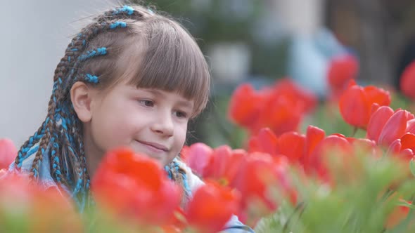 Happy Child Girl Enjoying Sweet Smell of Red Tulip Flowers in Summer Garden