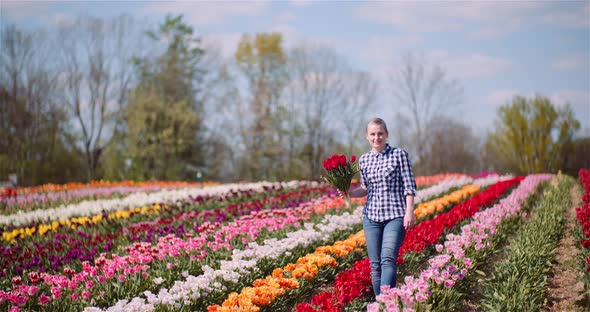 Woman Holding Tulips Bouquet in Hands While Walking on Tulips Field