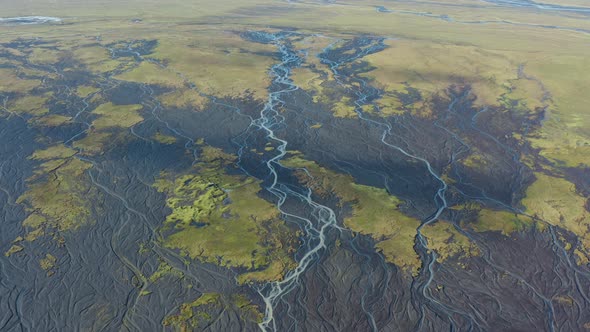 Drone Over Landscape With Dry Riverbed Of Braided River