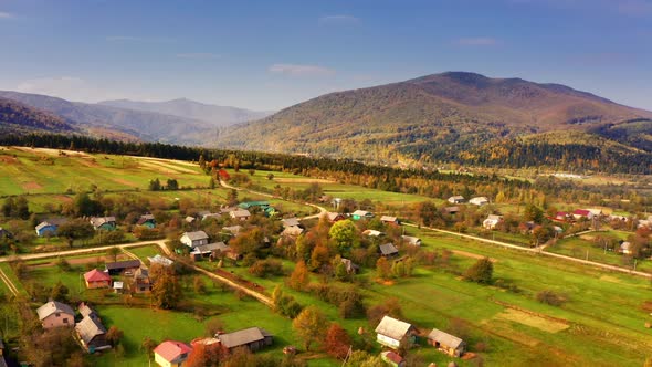 Birds eye view of traditional Ukrainian village, architecture and nature.