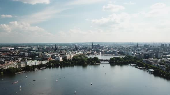 Aerial View of Lake Alster in the Center of Hamburg. Geramania in the Summer