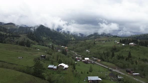 Ukraine, Carpathian Mountains: Village in the Mountains. Aerial