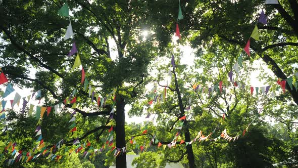 Colorful Flags Hanging on Branches of Trees As Festive Decoration for Outdoor Party. Bright Summer