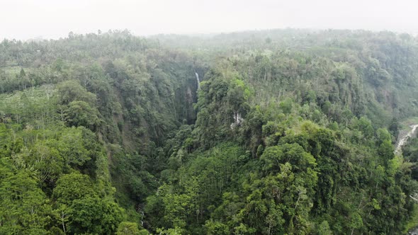 Drone Over Forest And Mist Of Tumpak Sewu Waterfalls