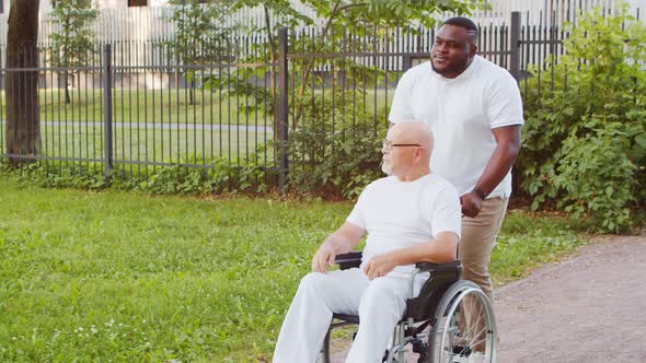 African-American caregiver and old disabled man in a wheelchair. Nurse and patient.