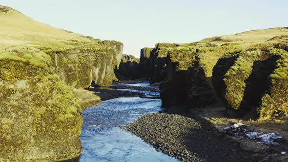 Drone Over Fjaoro River Through Fjaorargljufur Canyon