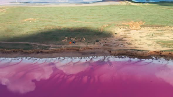 Bright Beautiful Landscape with Pink Salt Lake Coast From Drone