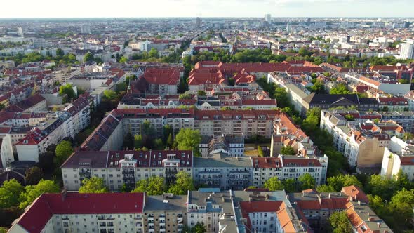 Typical more families apartment blocks in Berlin.Daring aerial view flight panorama overview drone