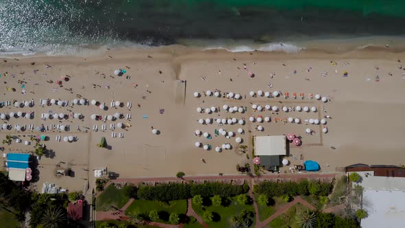 Aerial View. Top View of the Mediterranean Sea Beach Line. In the Frame, the Resort Area of the