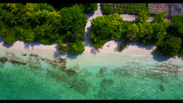 Aerial drone nature of relaxing seashore beach journey by shallow ocean with white sandy background 