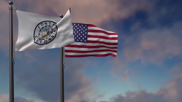Fontana City Flag Waving Along With The National Flag Of The USA - 4K