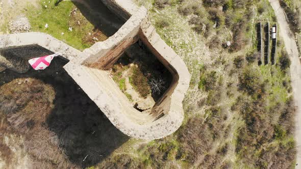 Overhead View Tourist Walking Around Old Georgian Fortress Ruins