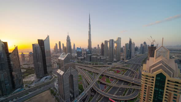 Time lapse of Dubai Downtown skyline, highway roads or street in United Arab Emirates