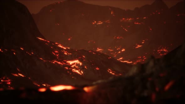 Red Orange Vibrant Molten Lava Flowing Onto Grey Lavafield and Glossy Rocky Land alt