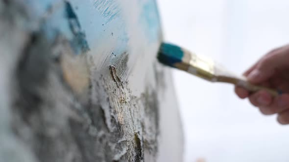 Close Up of Artist Paints Picture Creates Abstract Modern Art