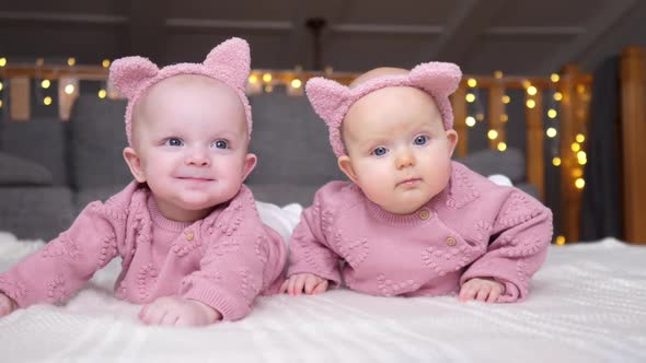 Cute Baby Twins Lying Together In Pink Knitted Sweaters.