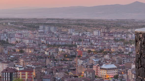 Aerial View From Old Castlethe in Historical City Town of Nevsehir Day To Night Timelapse