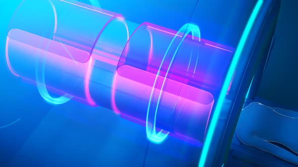 Scheme of gradient coils inside of MRI scanner with tags. Glowing x-ray style.