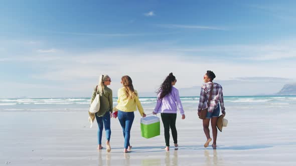 Happy group of diverse female friends having fun, walking along beach