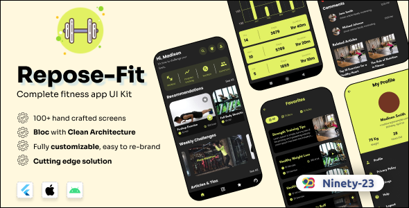 Repose Fit - Fitness app UI template - Flutter 3.0 | Android | iOS | BloC | Clean architecture