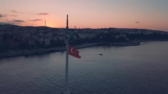 Aerial maiden tower at sunrise in istanbul bosphorus