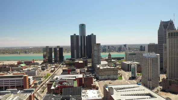 Renaissance Center, world headquarters of General Motors, in Detroit, Michigan with drone video movi