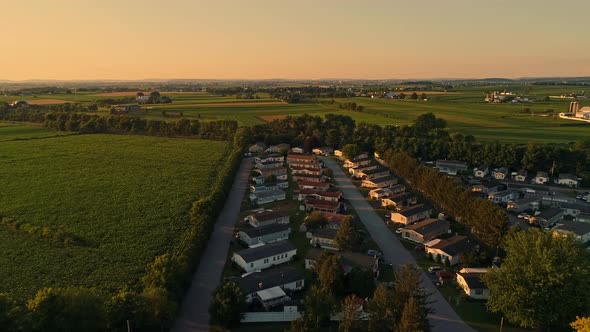 Aerial View of Amish Farms and Fields and a Mobile, Manufactured, Modular Home Park
