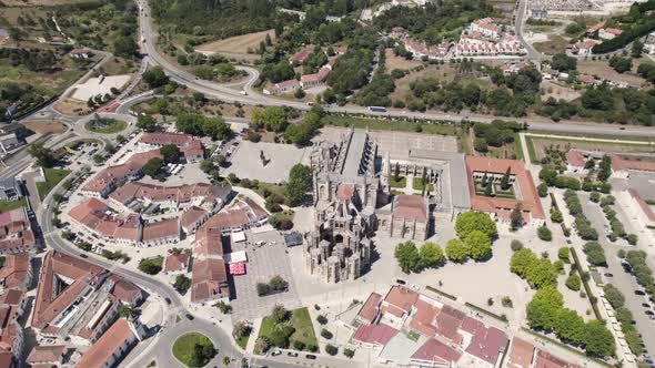 Birds eye view overlooking at historic Batalha monastery and townscape.