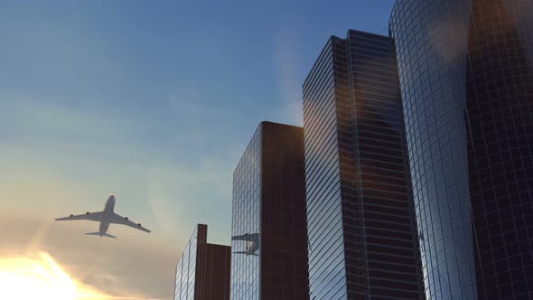Airplane Flying Over Business Center at Evening alt