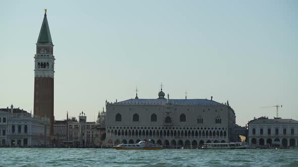 Vaporettos Sailing Near Famous Doge's Palace in Venice, Water Tour, Tourism